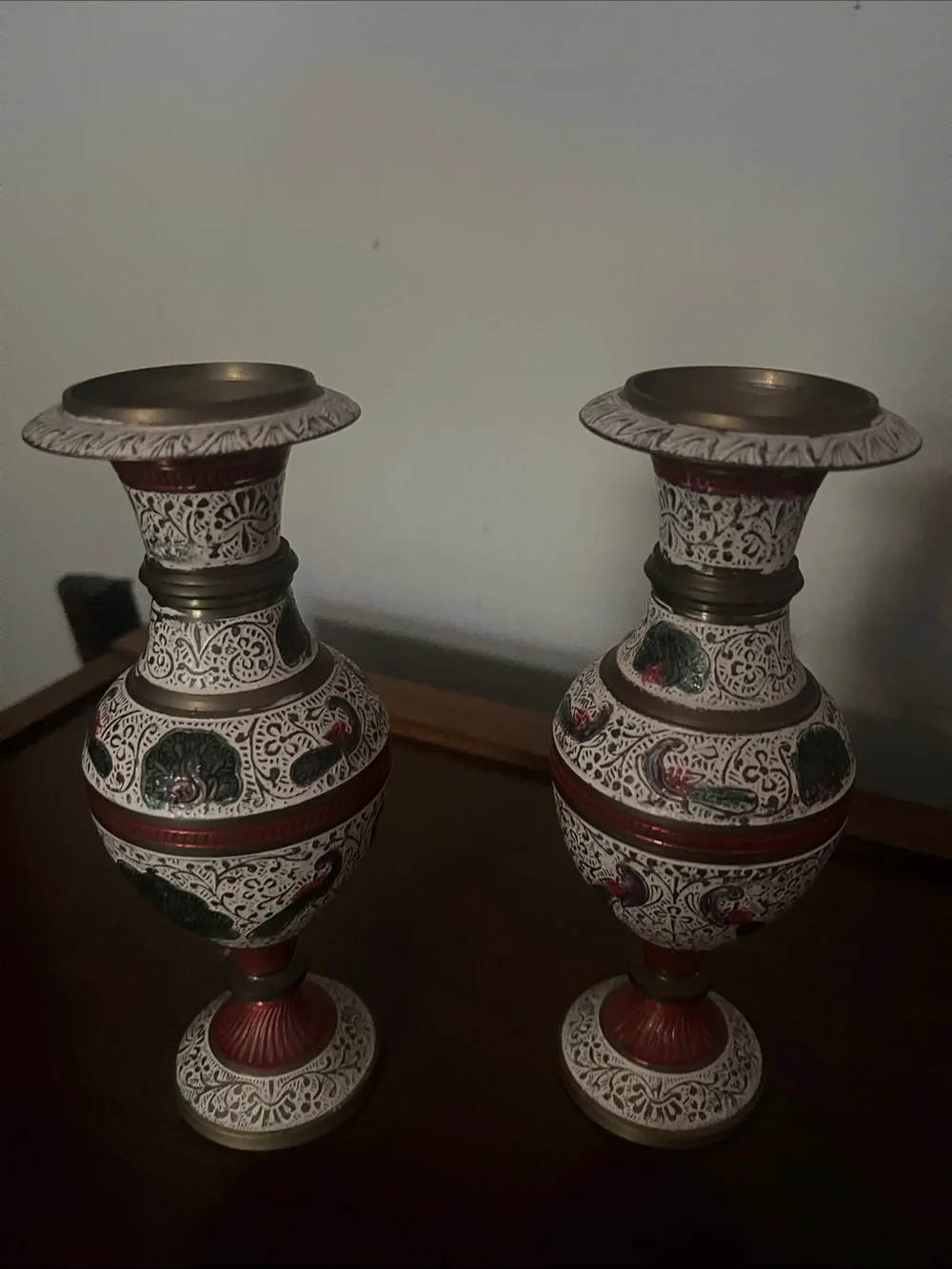 Decorative Red and White Floral Metal Vases - Set of 2